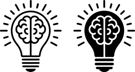 Black and white icons of a lightbulb with a brain inside representing ideas thinking innovation