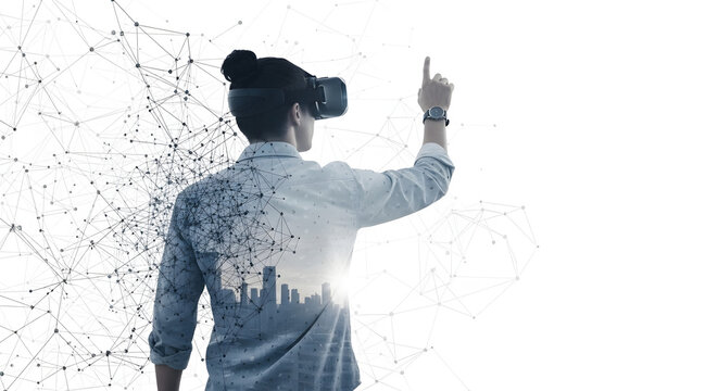 Person wearing V R headset interacting with digital network cityscape