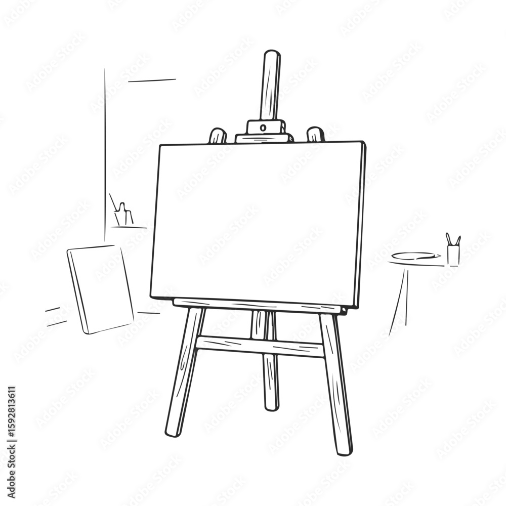 Poster blank canvas on easel in studio sketch with minimalist lines and artistic potential