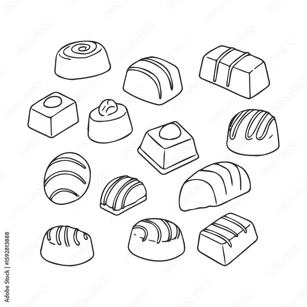Poster assorted chocolate pralines drawing with varied patterns