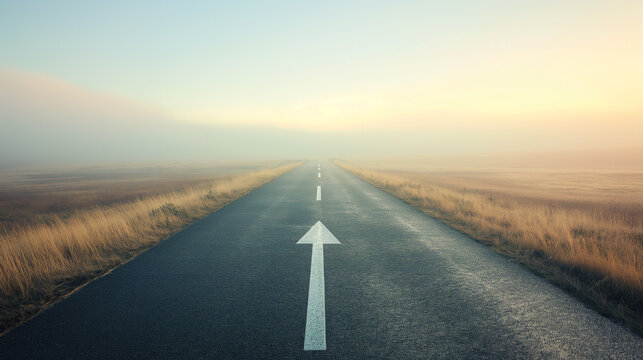 Open road stretching towards the horizon in soft morning fog with an arrow painted on the asphalt pointing forward