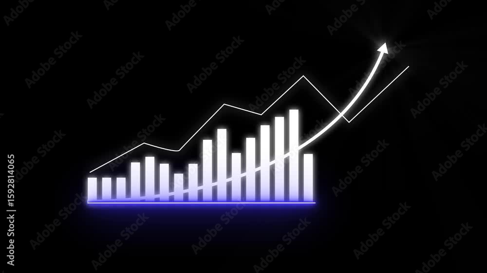 Aufkleber animated glowing financial chart with ascending arrow on a dark black background. business graph ani