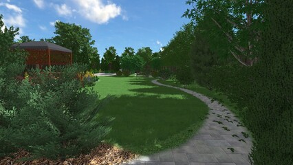 3d image of the landscape design of the home territory. Landscaping of the territory. Computer visualization of composite landscaping and landscaping solutions.