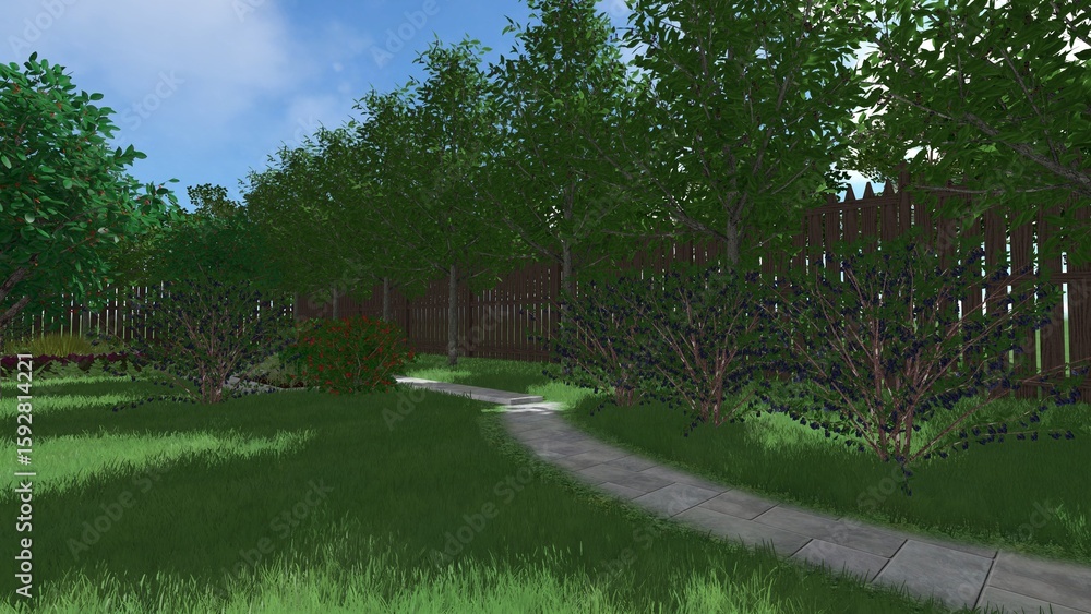 Aufkleber 3d image of the landscape design of the home territory. landscaping of the territory. computer visua