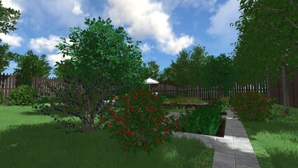 3d image of the landscape design of the home territory. Landscaping of the territory. Computer visualization of composite landscaping and landscaping solutions.