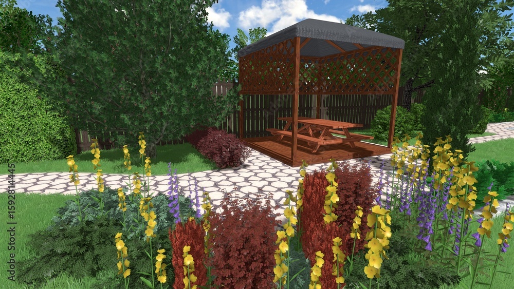 Aufkleber 3d image of the landscape design of the home territory. landscaping of the territory. computer visua