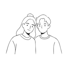 Line art of young asian female and male smiling together