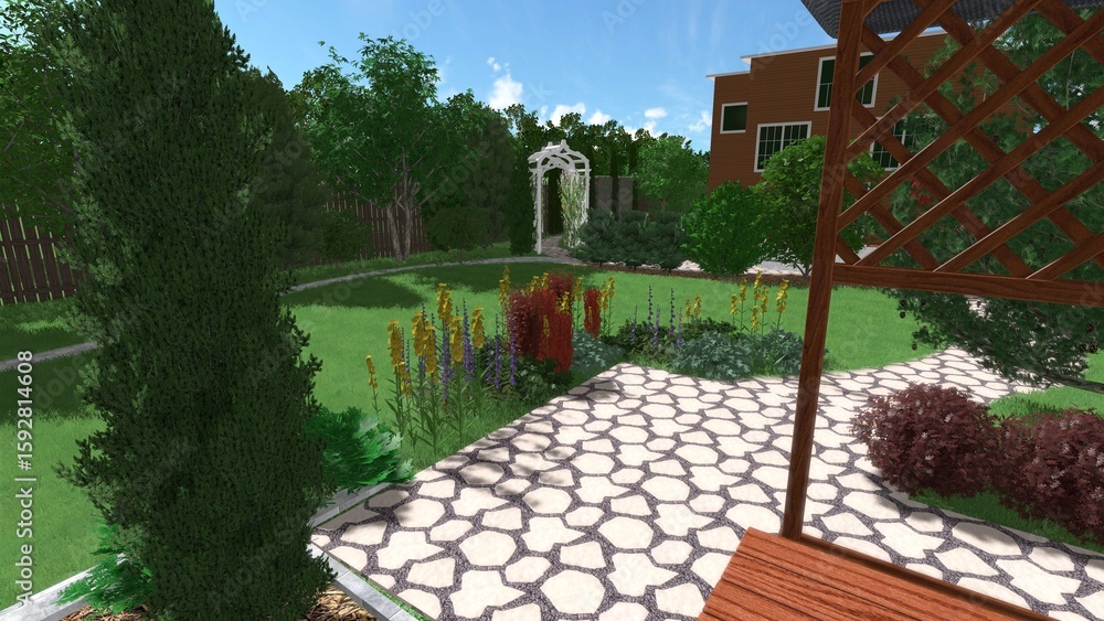 Poster 3d image of the landscape design of the home territory. landscaping of the territory. computer visua