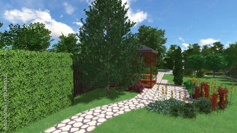 Aufkleber 3d image of the landscape design of the home territory. landscaping of the territory. computer visua