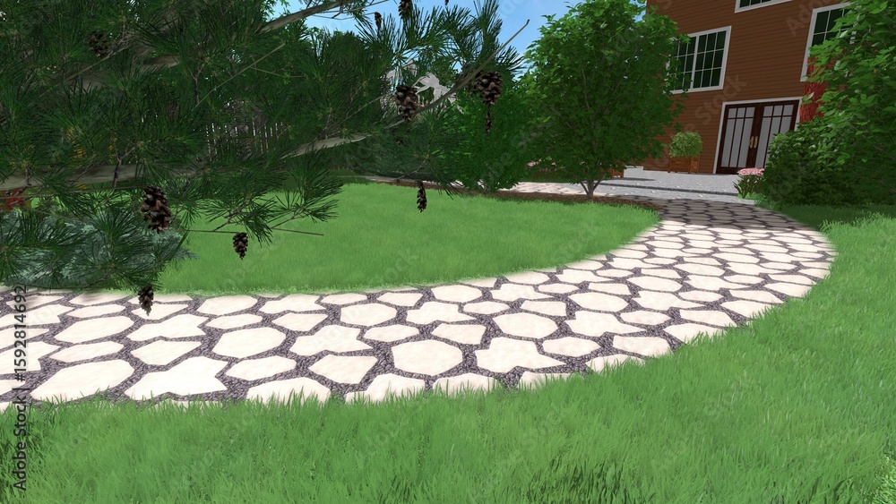 Poster 3d image of the landscape design of the home territory. landscaping of the territory. computer visua