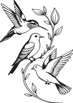 Three Birds Perched On Branch With Leaves Black And White Illustration
