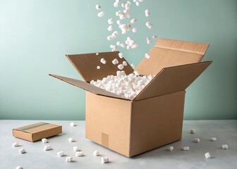 levitating open box with visible packing peanuts