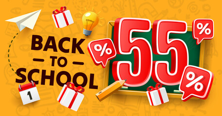Back to School special offer, Sale 55 percent. Vector illustration 