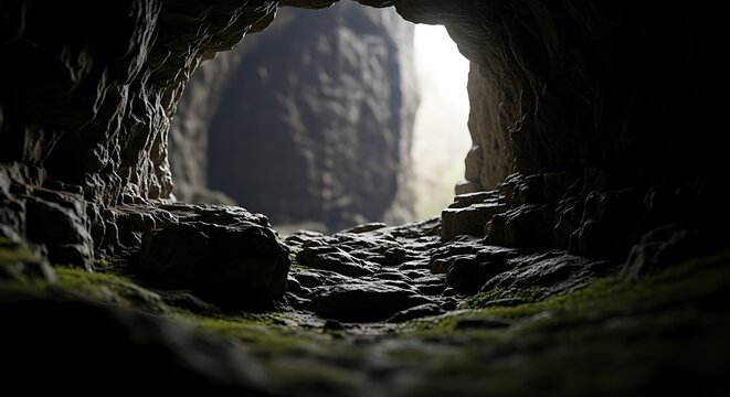 A dark cave entrance with a bright opening, revealing the natural light.