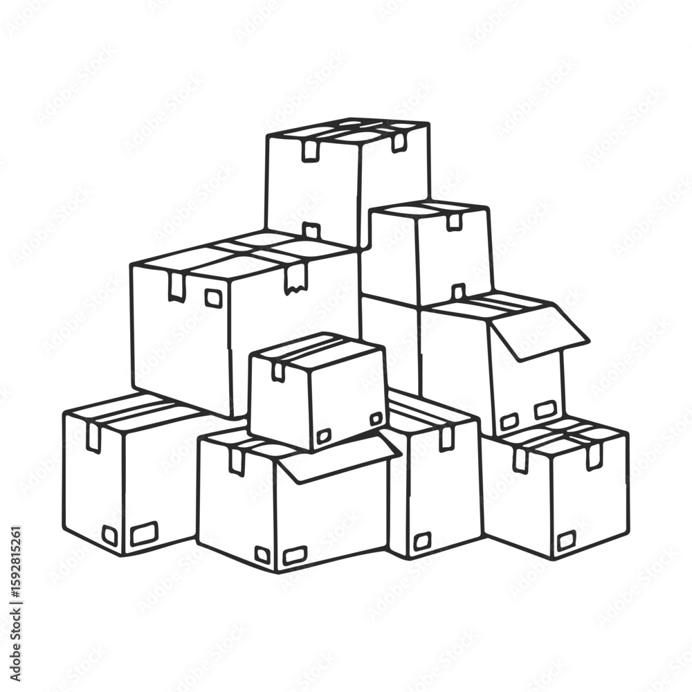 Poster stack of cardboard boxes in various sizes for storage and moving