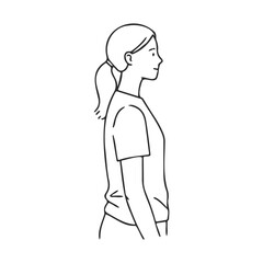 Side profile line drawing of young caucasian female with ponytail standing