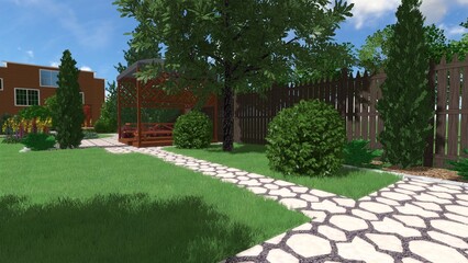 3d image of the landscape design of the home territory. Landscaping of the territory. Computer visualization of composite landscaping and landscaping solutions.
