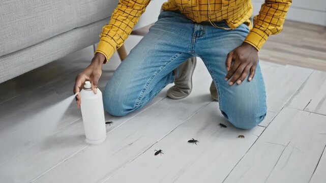 Man spraying bug spray on cockroaches in an infested room
