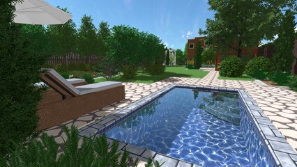 3d image of the landscape design of the home territory. Landscaping of the territory. Computer visualization of composite landscaping and landscaping solutions.