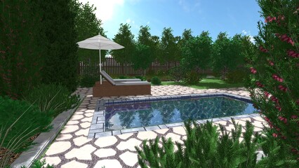 3d image of the landscape design of the home territory. Landscaping of the territory. Computer visualization of composite landscaping and landscaping solutions.