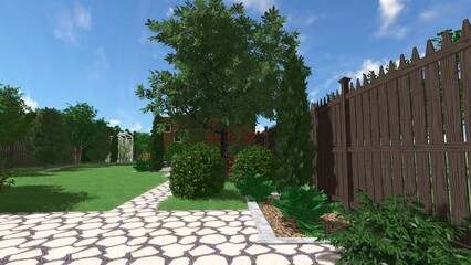 Fototapeta premium 3d image of the landscape design of the home territory. Landscaping of the territory. Computer visualization of composite landscaping and landscaping solutions.