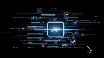 Glowing digital interface displays "System Online" message, surrounded by data streams and confirmation icons. - Powered by Adobe