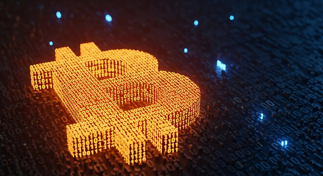 A bitcoin symbol made of binary code glows brightly, representing the future of digital currency and blockchain technology