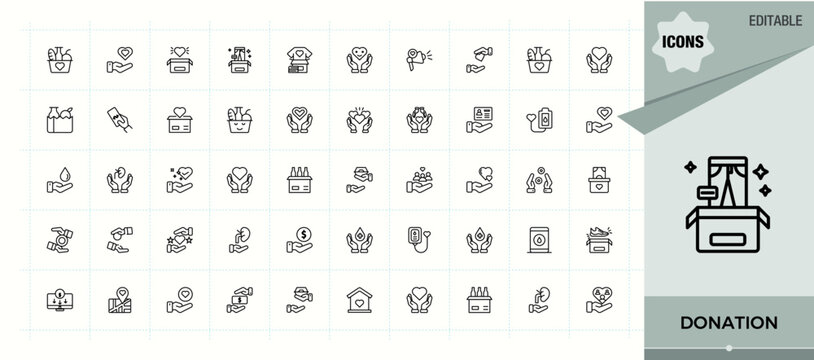 Donation icon set. Minimalist linear icons. Help line icon set. Containing humanitarian, donate, help, cooperation, foundation, volunteer and more.