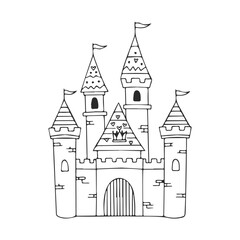 Obraz premium Simple black and white castle drawing with tall towers and flags