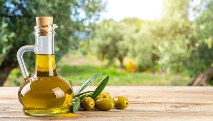 Bottle of olive oil with fresh olives on nature background.