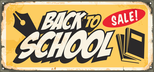 Back to school sale vintage advertisement. Books graphic and creative lettering retro vector illustration.