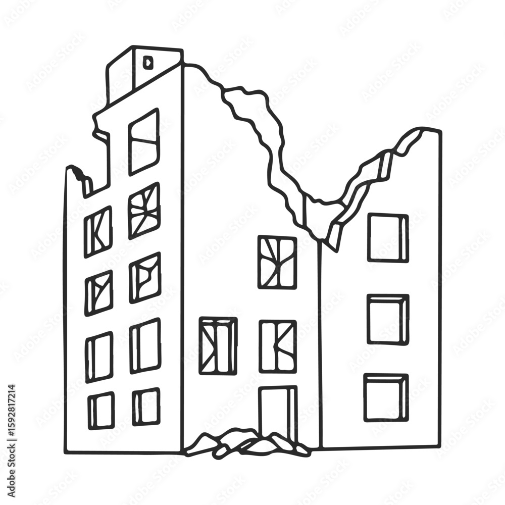 Poster outline of a crumbling building with broken windows and collapsed roof