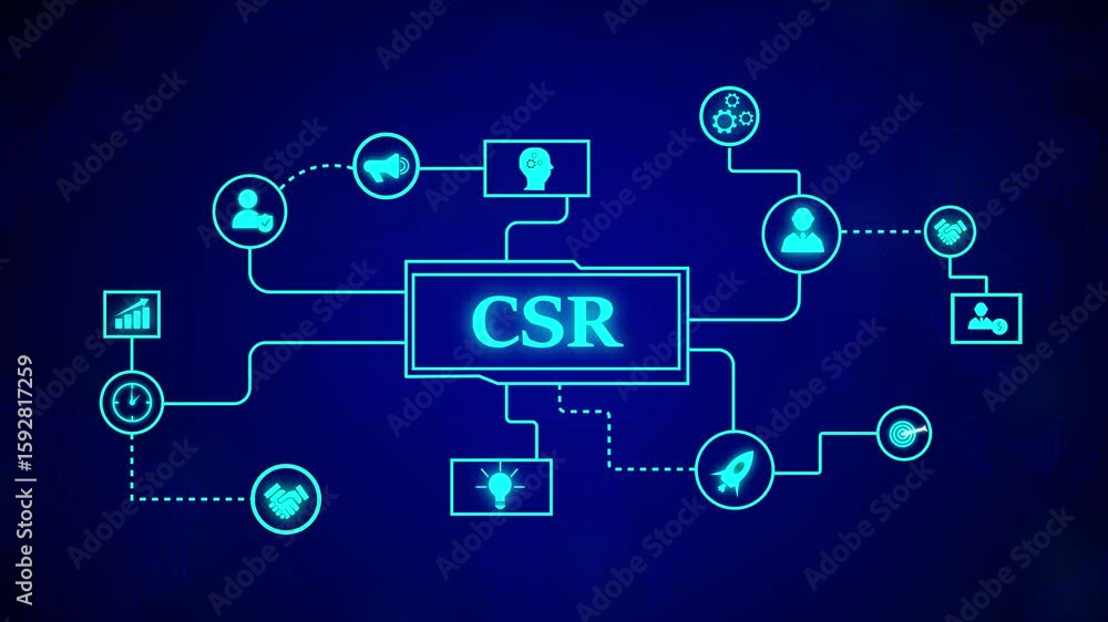 Poster corporate social responsibility concept. csr business animation with neon digital network and glowin