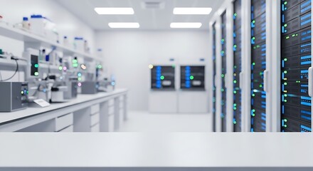 A bright, modern laboratory with scientific equipment and server racks.