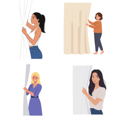Woman opening curtains in bright indoor setting, white background, vector  