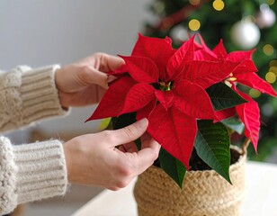 Hands gently tending a vibrant poinsettia