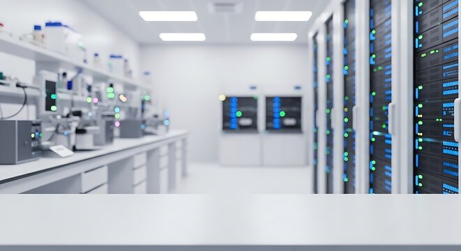 A bright, modern laboratory with scientific equipment and server racks.