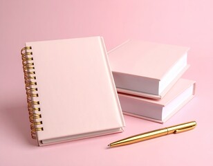 Pink notebooks and pen on pink background