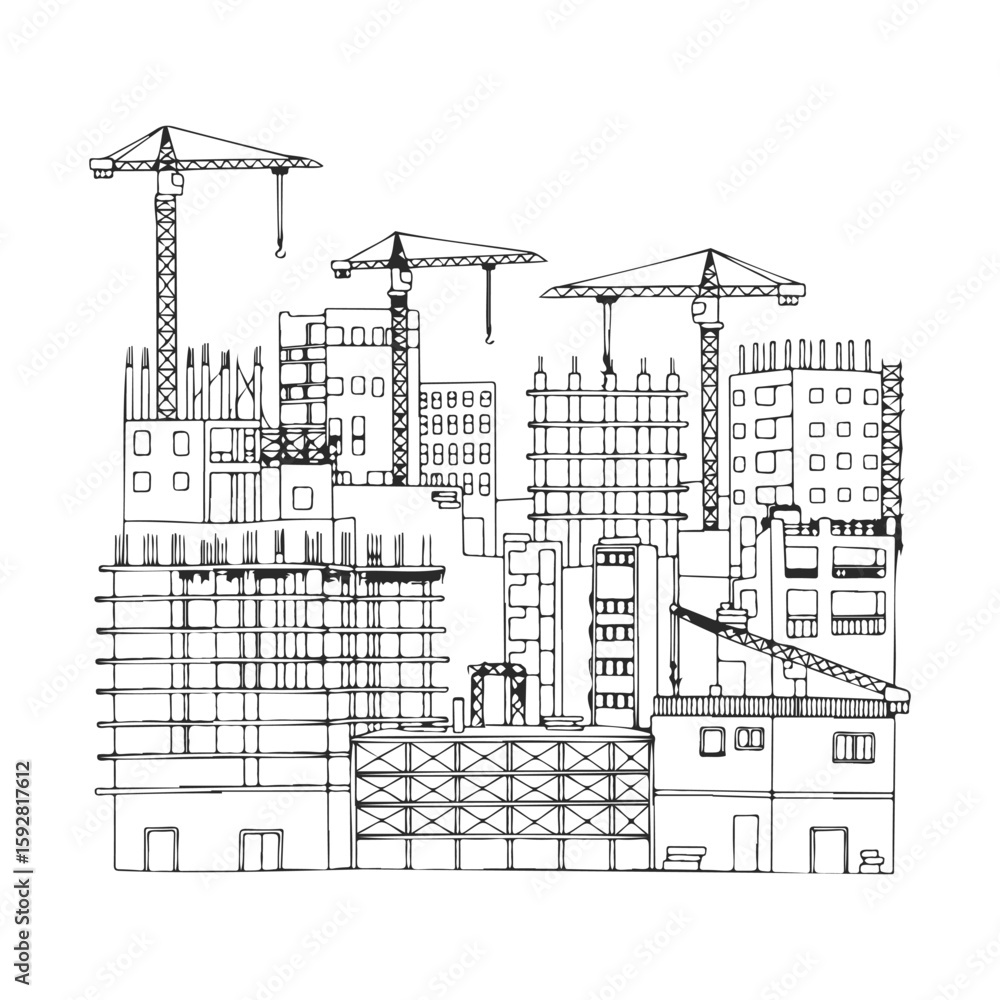 Poster urban construction scene with cranes and building structures in progress