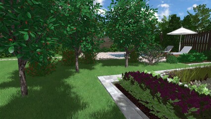 3d image of the landscape design of the home territory. Landscaping of the territory. Computer visualization of composite landscaping and landscaping solutions.