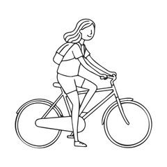Fototapeta premium Young caucasian female riding bicycle with backpack in simple line art style