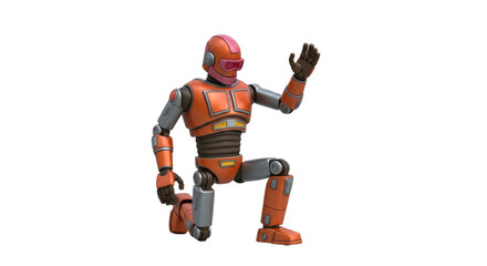 Isolated Orange Robot Kneeling and Waving