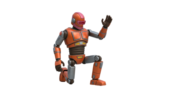 Isolated Orange Robot Kneeling and Waving