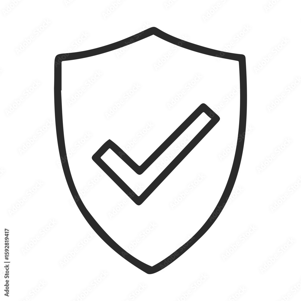 Poster minimalist shield with checkmark symbolizing security and protection