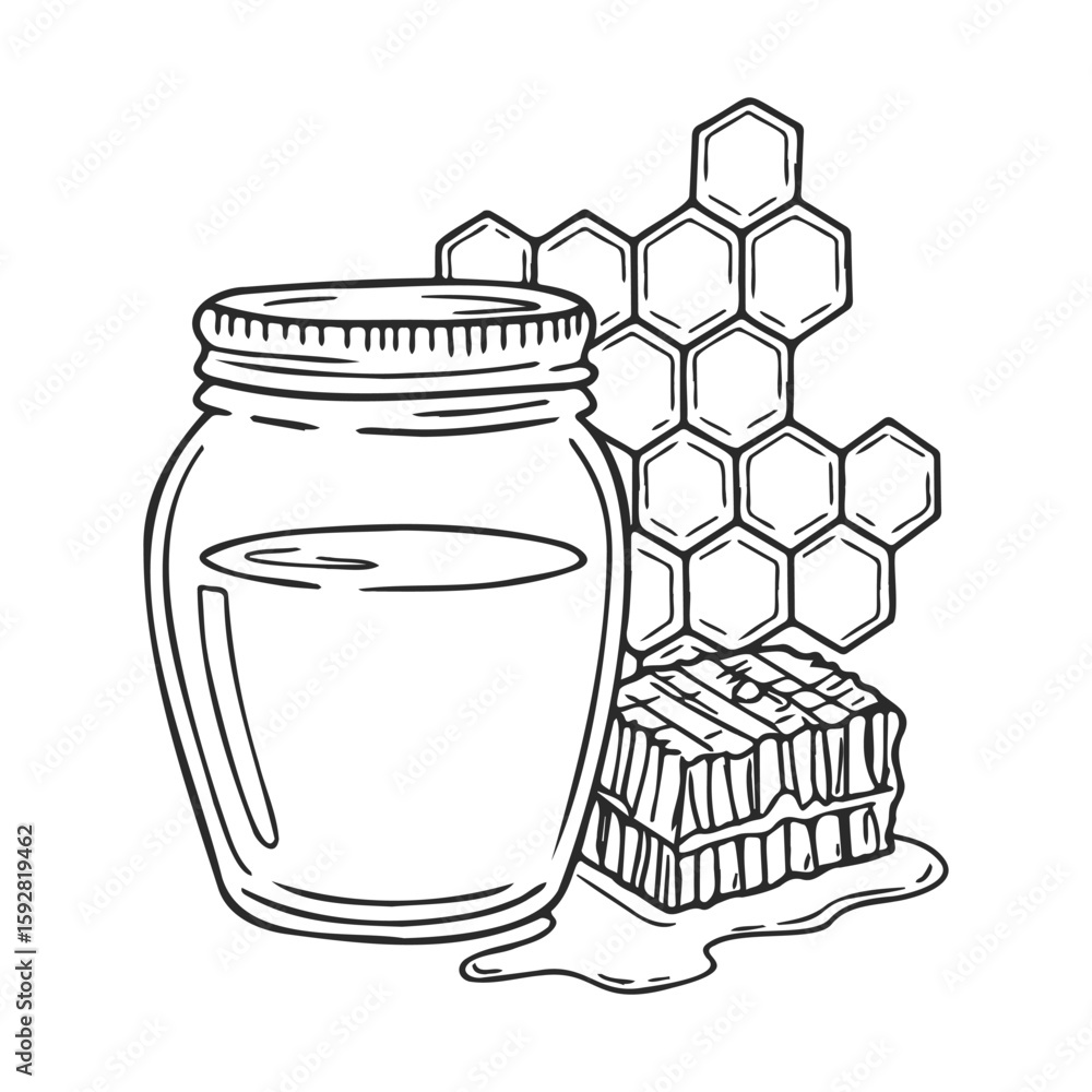 Poster honey jar and honeycomb drawing with hexagonal patterns and liquid