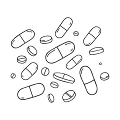 Black and white line drawing of various pills and capsules on white background