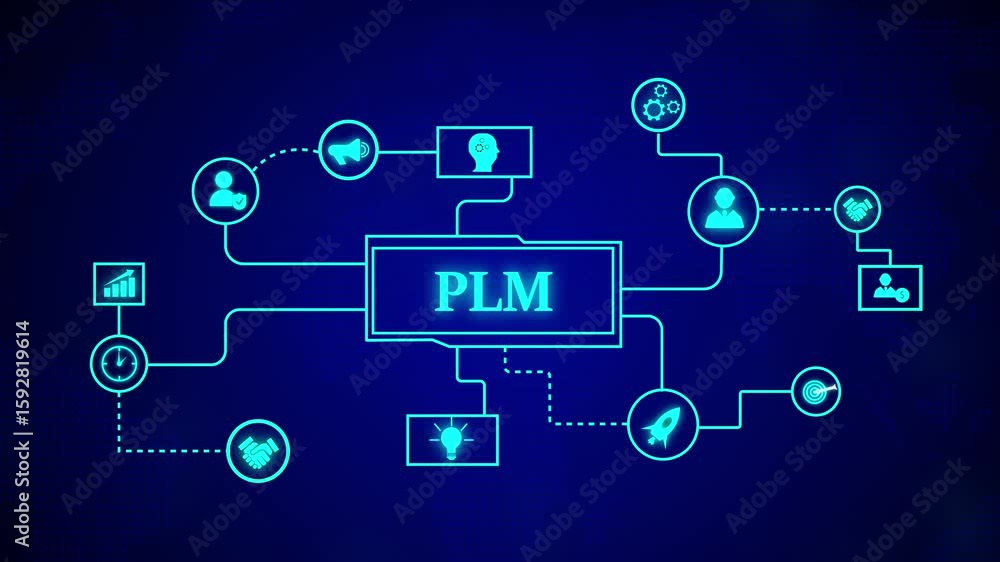 Poster plm product lifecycle management. animated digital visualization of product lifecycle management dat