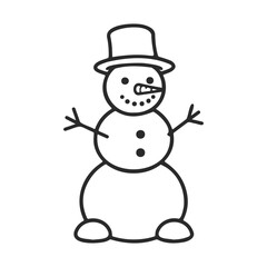 Simple black and white line drawing of a snowman with top hat and carrot nose