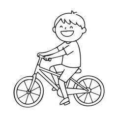 Happy caucasian young male child riding bicycle in simple black and white line art