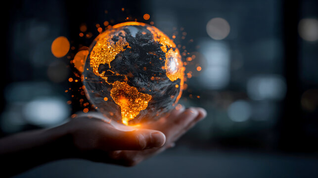 A business professional holding the glowing Earth in their hand, symbolizing global connectivity and technological growth.